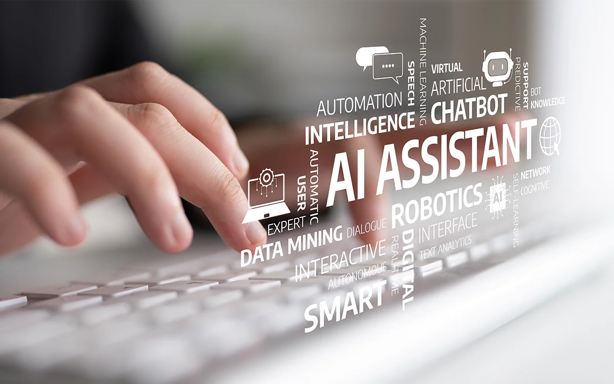 Illustration av AI-sök med händer på ett tangentbord och AI-grafik som symboliserar hur artificiell intelligens förändrar sättet att söka information