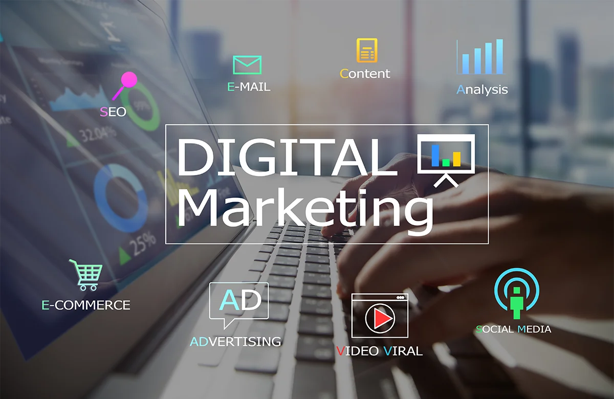 Illustration av digital marknadsföring med SEO, innehåll, analys och sociala medier