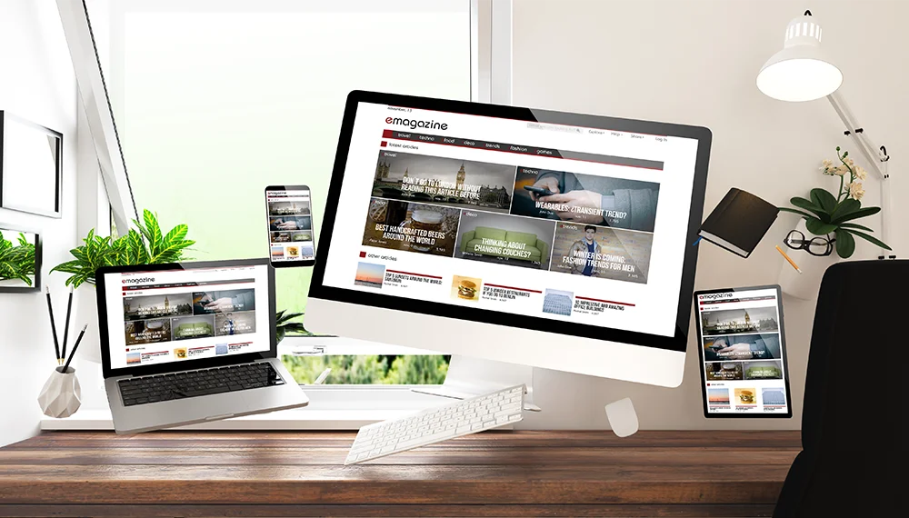 Illustration av en responsiv hemsida som fungerar på dator, laptop, surfplatta och mobil