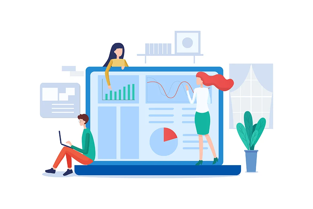 Illustration av webbdesign med användare, diagram och innehåll på en webbplats